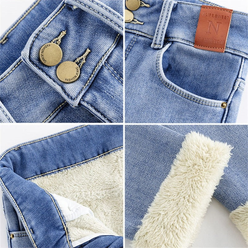 Calça Térmica Feminina Respirável Jeans Forrada com Lã
